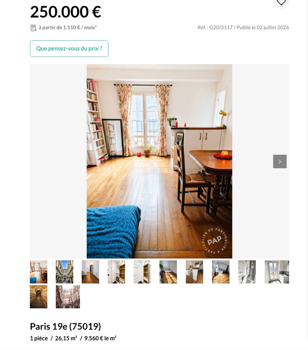 Real listings up to €250k in Paris