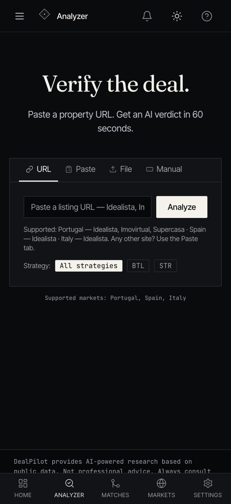 DealPilot AI on mobile — paste a property URL for a verdict in 60 seconds