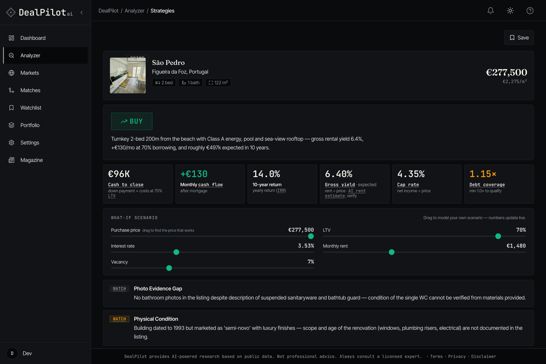 DealPilot AI verdict — a green BUY on a Figueira flat: +€130/month cash flow, 6.4% gross yield, 14% ten-year return, four-strategy underwrite