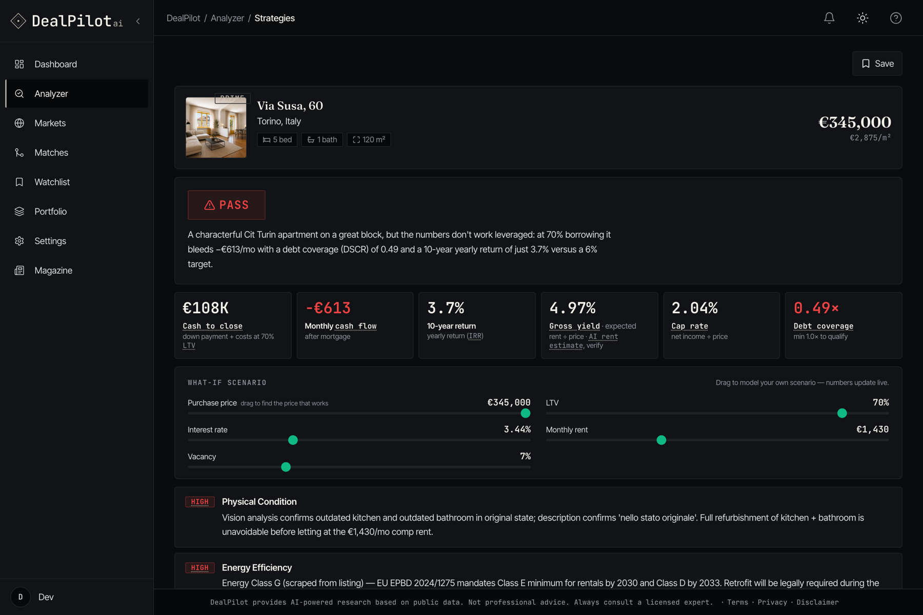 DealPilot AI verdict — an honest PASS on a Torino flat that loses €613 a month after real costs and taxes